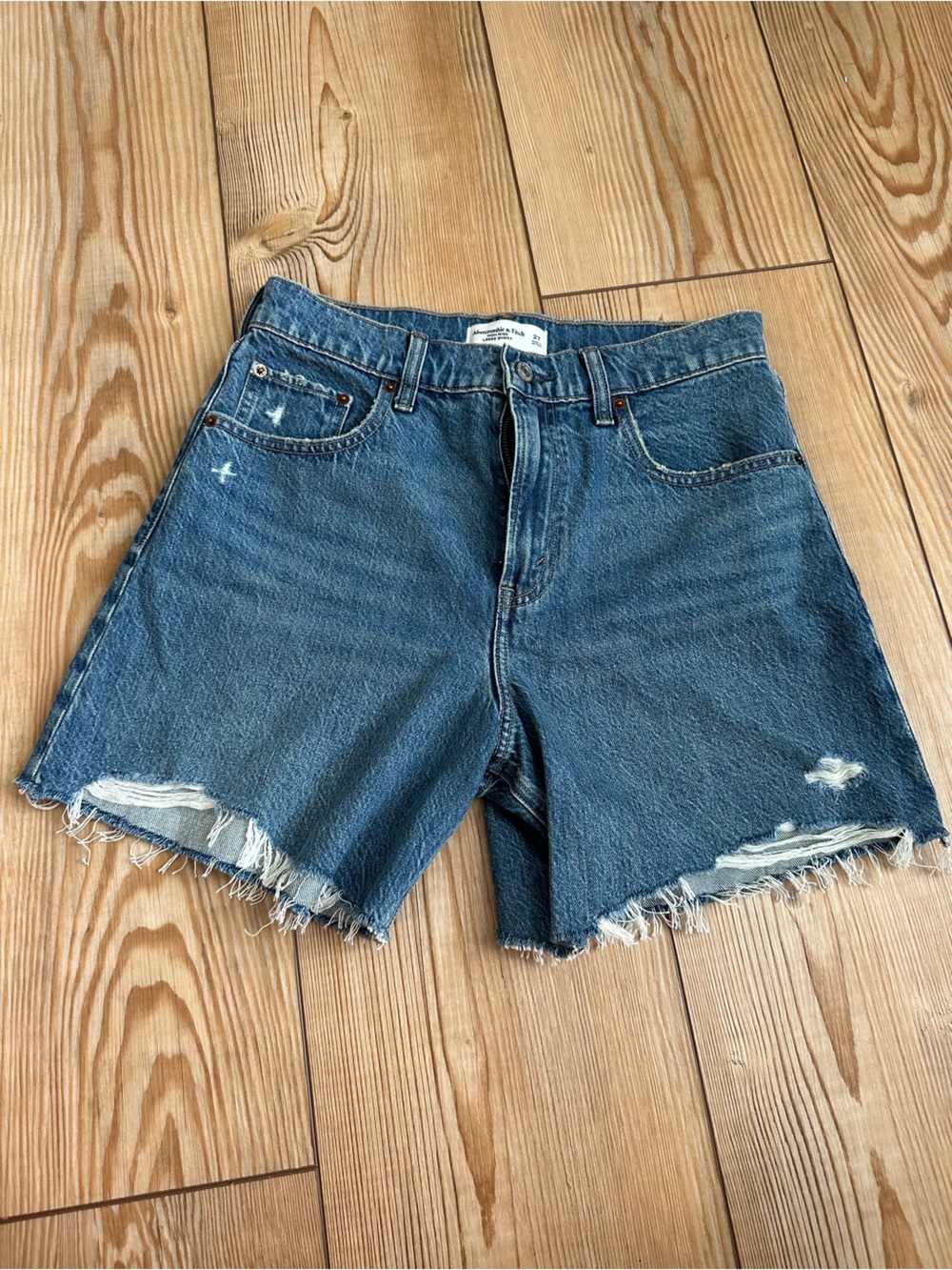 Abercrombie & Fitch Distressed Boyfriend Denim Shorts - Dark Blue